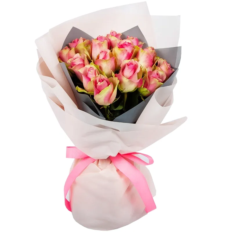 Композиция из 15 кенийских розовых роз (40см)